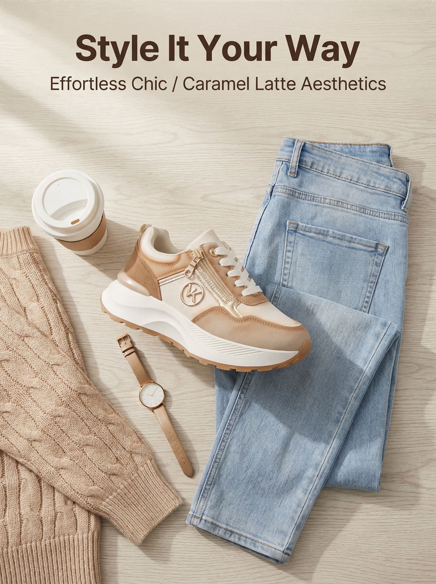 Baskets Chic Compensées _ Beige Caramel